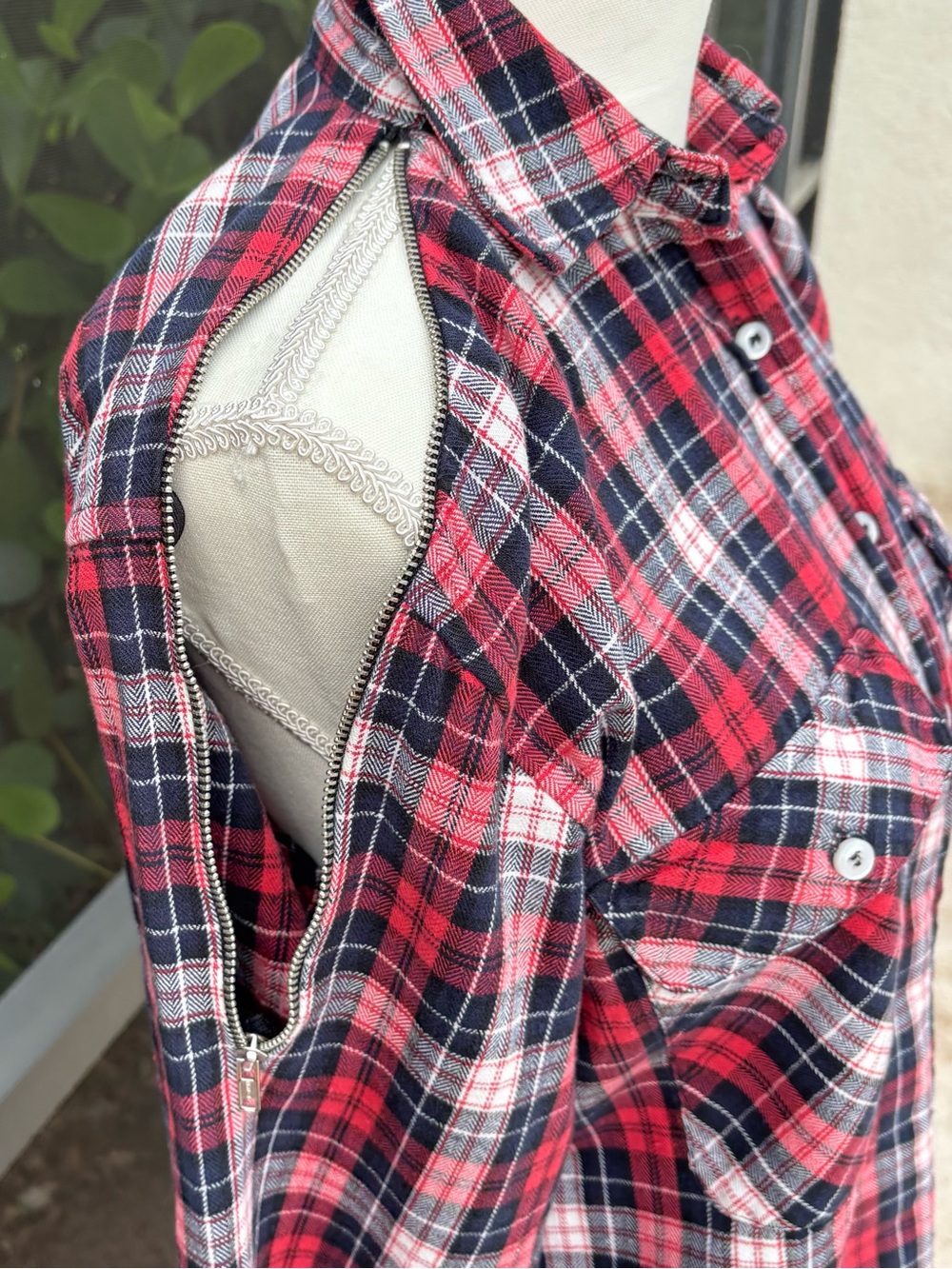 R13 Red Plaid Zip Shoulder Flannel Shirt • Size Small • Made in Italy